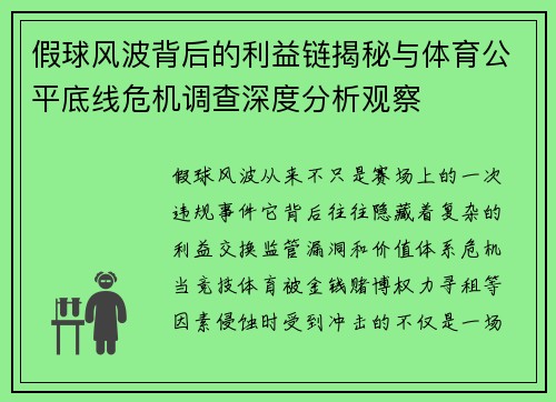 假球风波背后的利益链揭秘与体育公平底线危机调查深度分析观察
